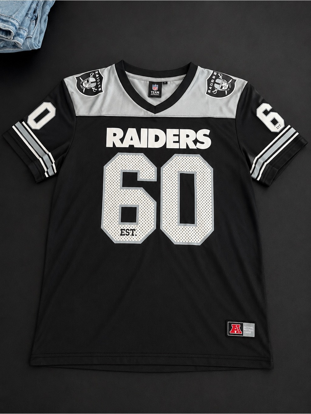 NFL Raiders Black and Gray Men's Jersey with White Number 60